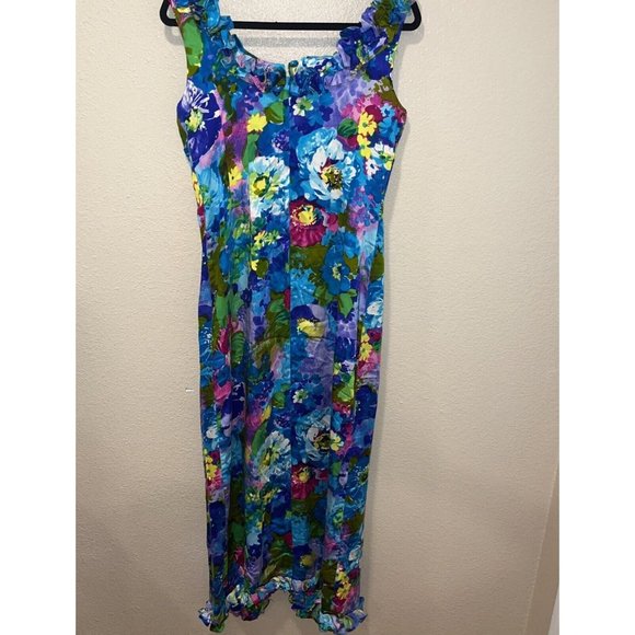 VTG 70’s Floral Hawaiian Ruffle Dress Sun Fashions Of Hawaii Honolulu Size 14 - Picture 7 of 10